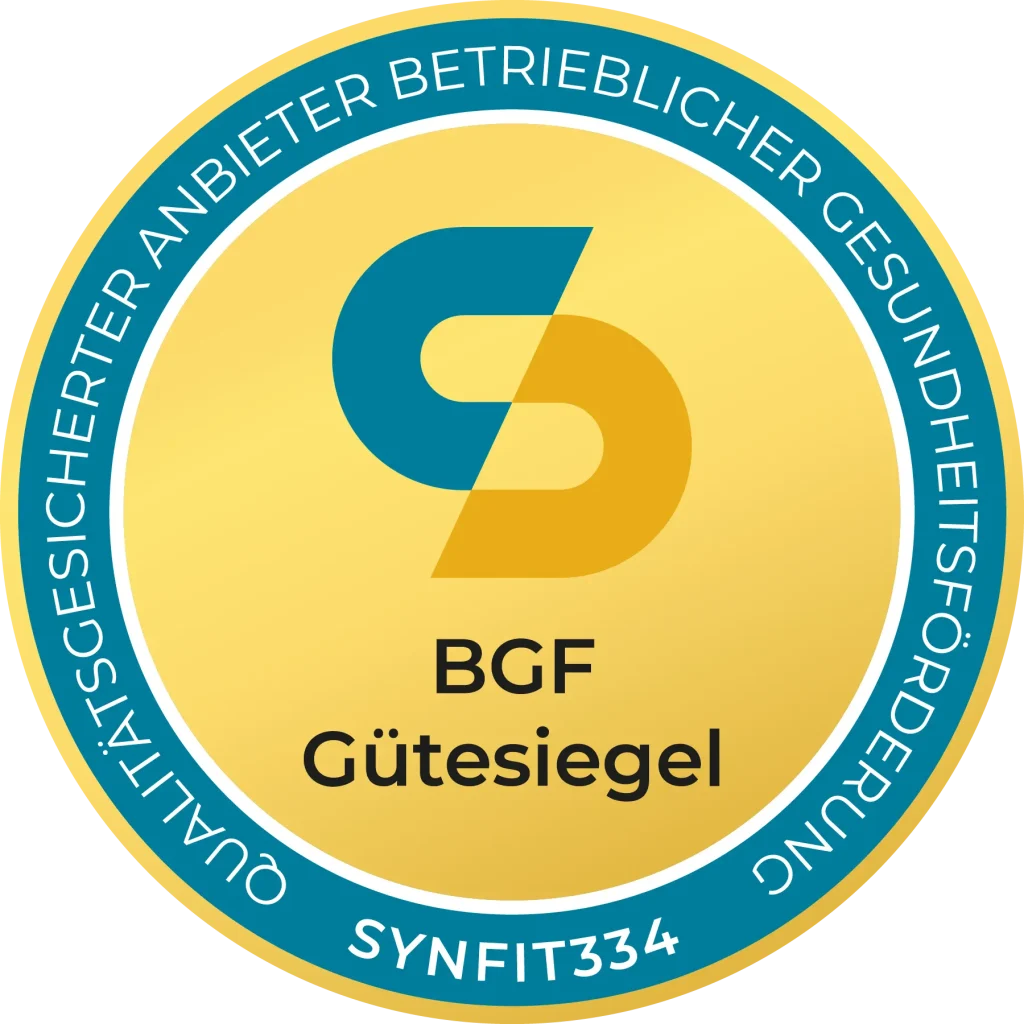 Qualitätssiegel der betrieblichen Gesundheitsförderung (BGF) mit einem modernen Logo in Blau und Gold, umgeben von einem Kreis, der den Text 'Qualitätsgesicherter Anbieter betrieblicher Gesundheitsförderung' enthält.